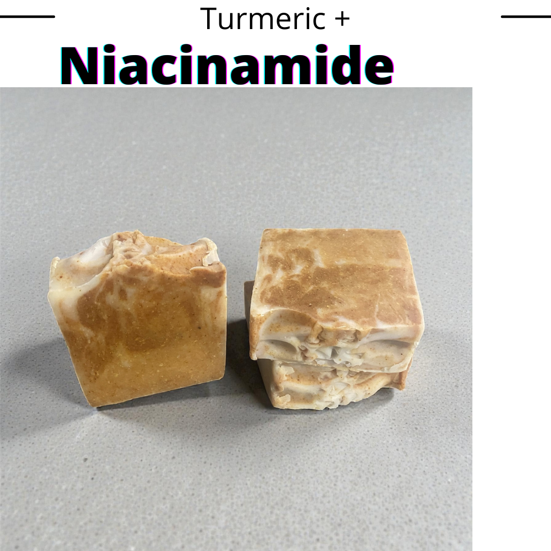 Shop our Turmeric and Niacinamide soap collection. displaying 3 soaps with brown color with grey background