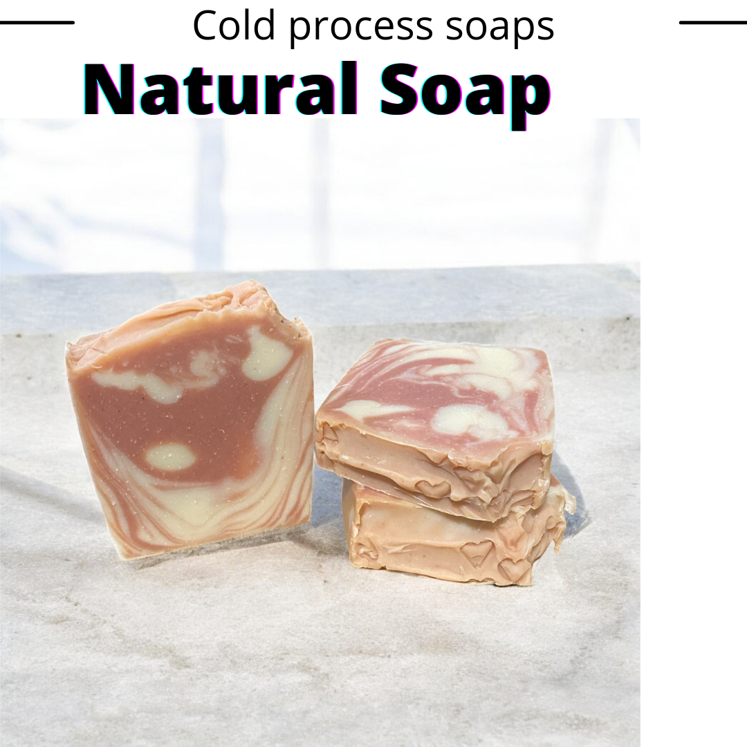 3 natural handmade soaps with pink and white color swirls visible hearts on top of soap on light background for natural soap collection.