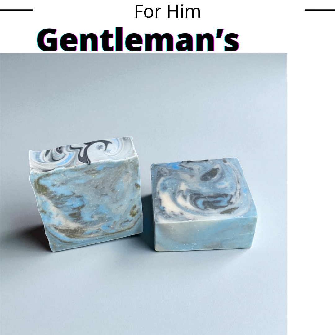 a blue background with 2 soap marble color of blue, black white that says for him! Gentleman's collections