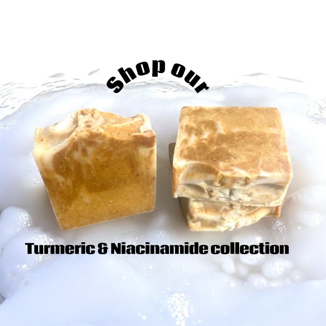 Shop our turmeric and niacinamide soap collection that displays 3 yellow soaps with suds background 