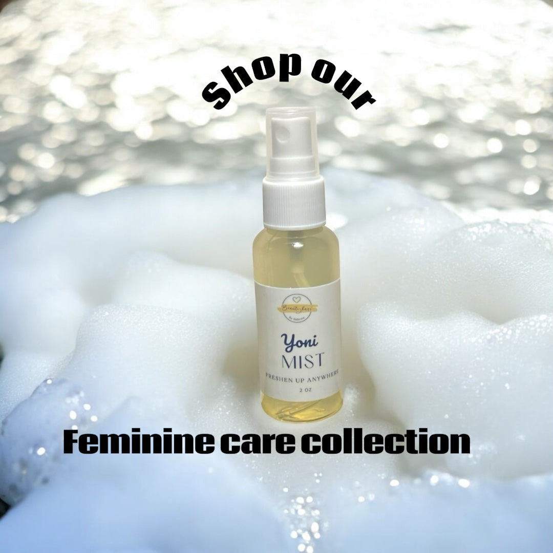 Imagine of yoni mist surrounding soap suds that says shop out feminine care collection 
