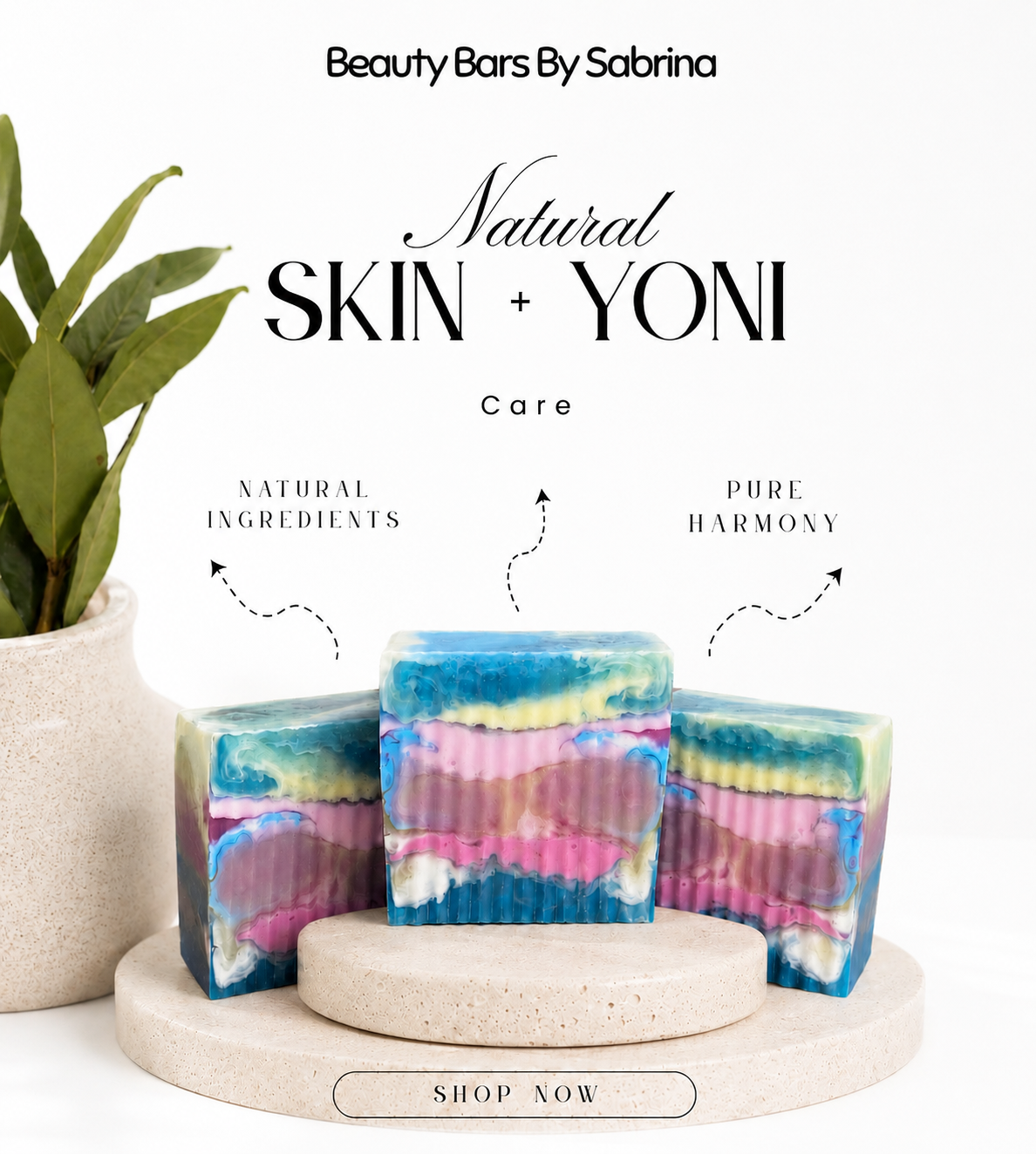 Colorful soap bars on a stand with 'Beauty Bars By Sabrina' branding and product description.