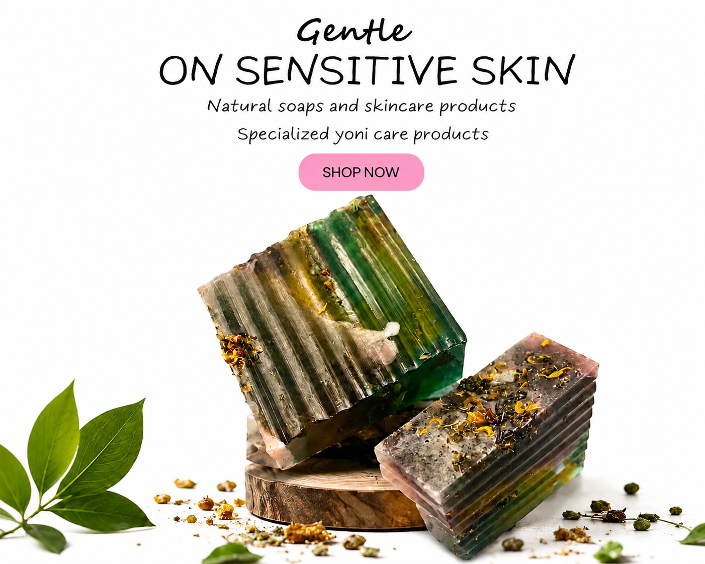 Natural soap bars with a leaf on a white background, promoting sensitive skin care products.