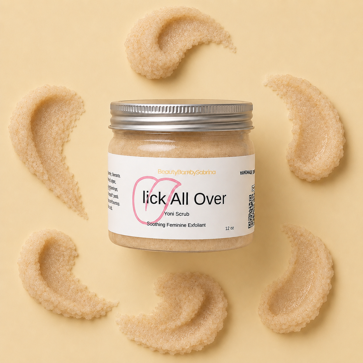 Jar of 'lick All Over' Yoni Scrub on a beige background with product samples.