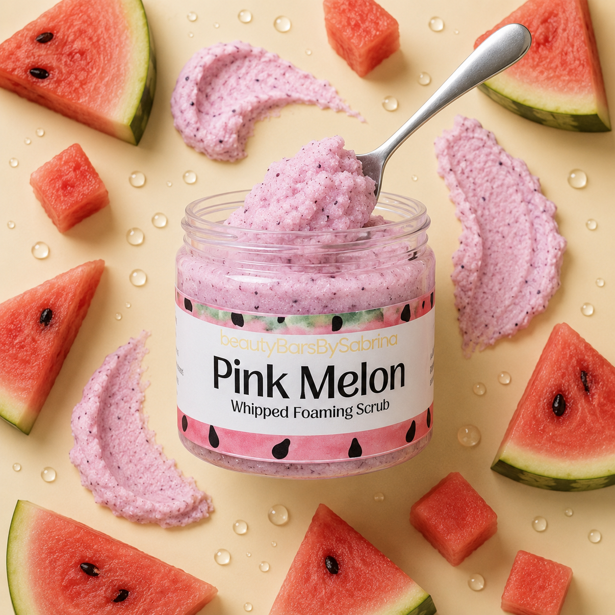 Pink Melon whipped foaming scrub in a jar with watermelon slices around it on a beige background.