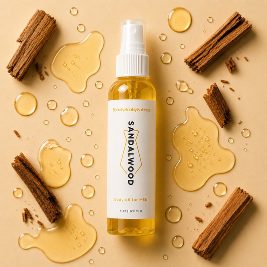 Sandalwood body oil bottle with sandalwood pieces and oil droplets on a beige background