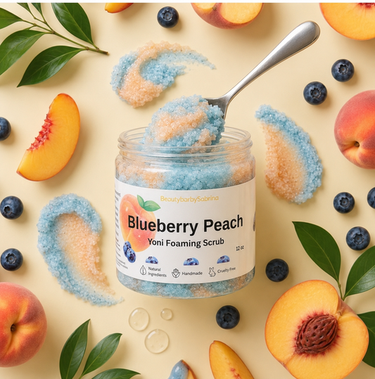Blueberry Peach Yoni Foaming Scrub jar with peaches and blueberries on a beige background