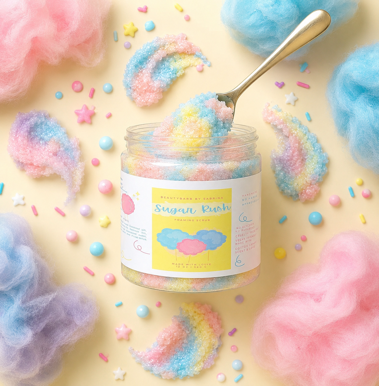 Jar of 'Sugar Rush' bath scrub with a spoonful on a yellow background with cotton candy and sprinkles.