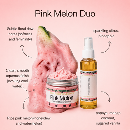 Pink Melon skincare product set with watermelon and bottle on pink background
