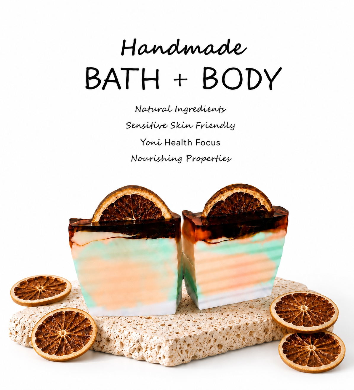 Handmade bath and body products with natural ingredients on a white background