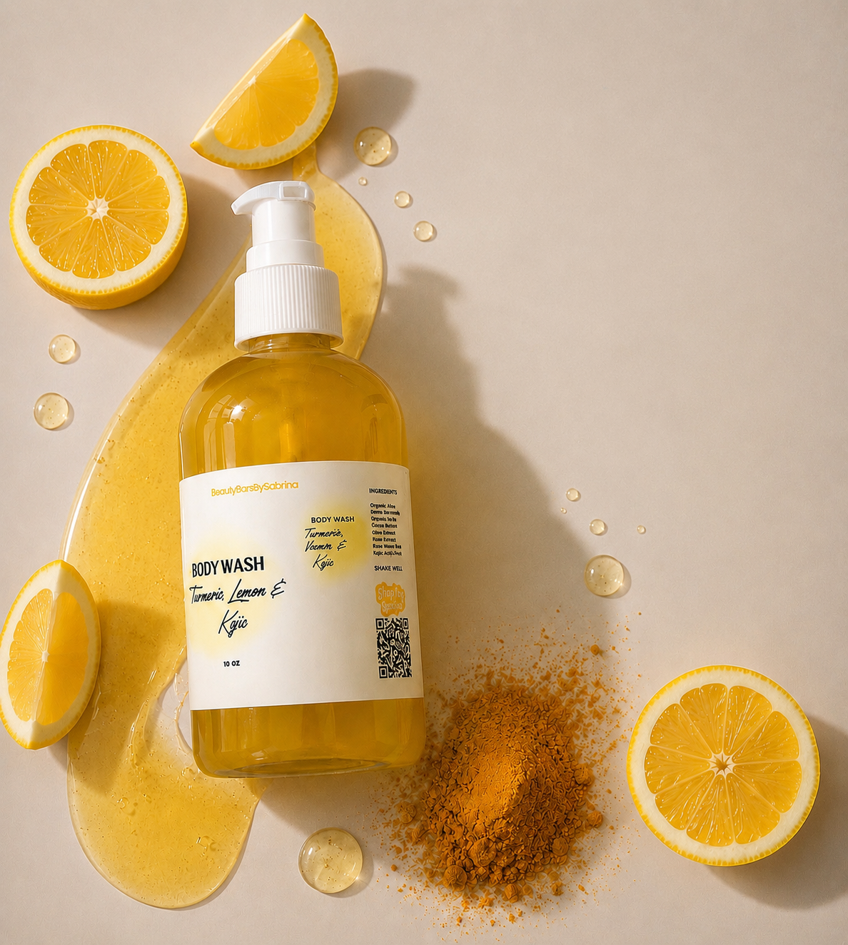 Bottle of body wash with lemons and turmeric on a beige background