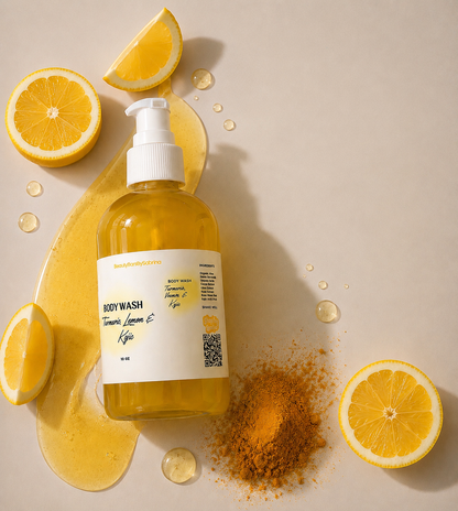 Bottle of body wash with lemons and turmeric on a beige background