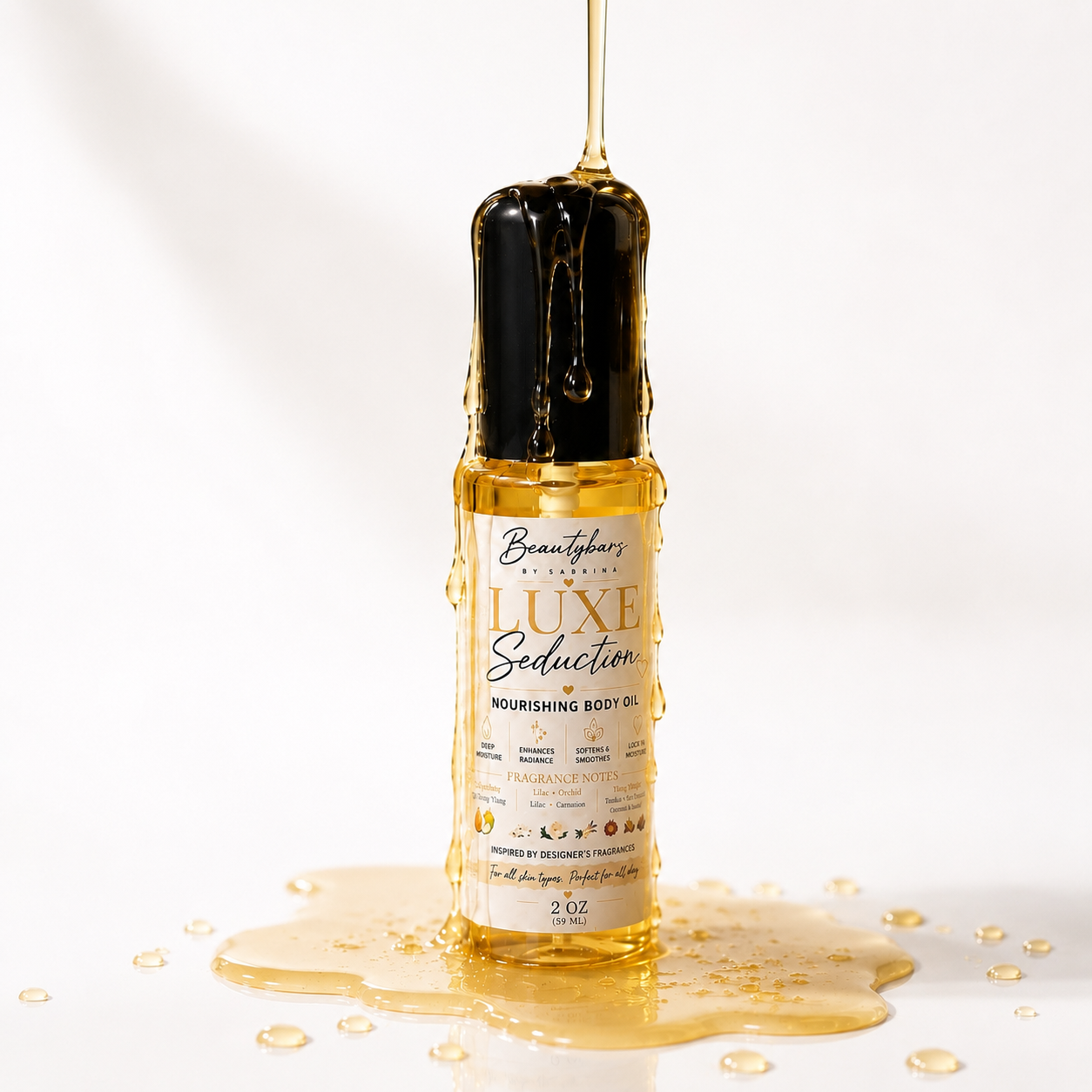 Luxe Seduction Nourishing Body Oil in a clear bottle with a black dropper cap, shown with golden oil dripping into a pool on a white background.