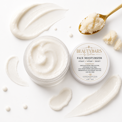 An open jar of Face Moisturizer sits beside its labeled lid on a white background, surrounded by cream-colored product swatches, small pearl beads, and a gold spoon holding a scoop of the moisturizer.