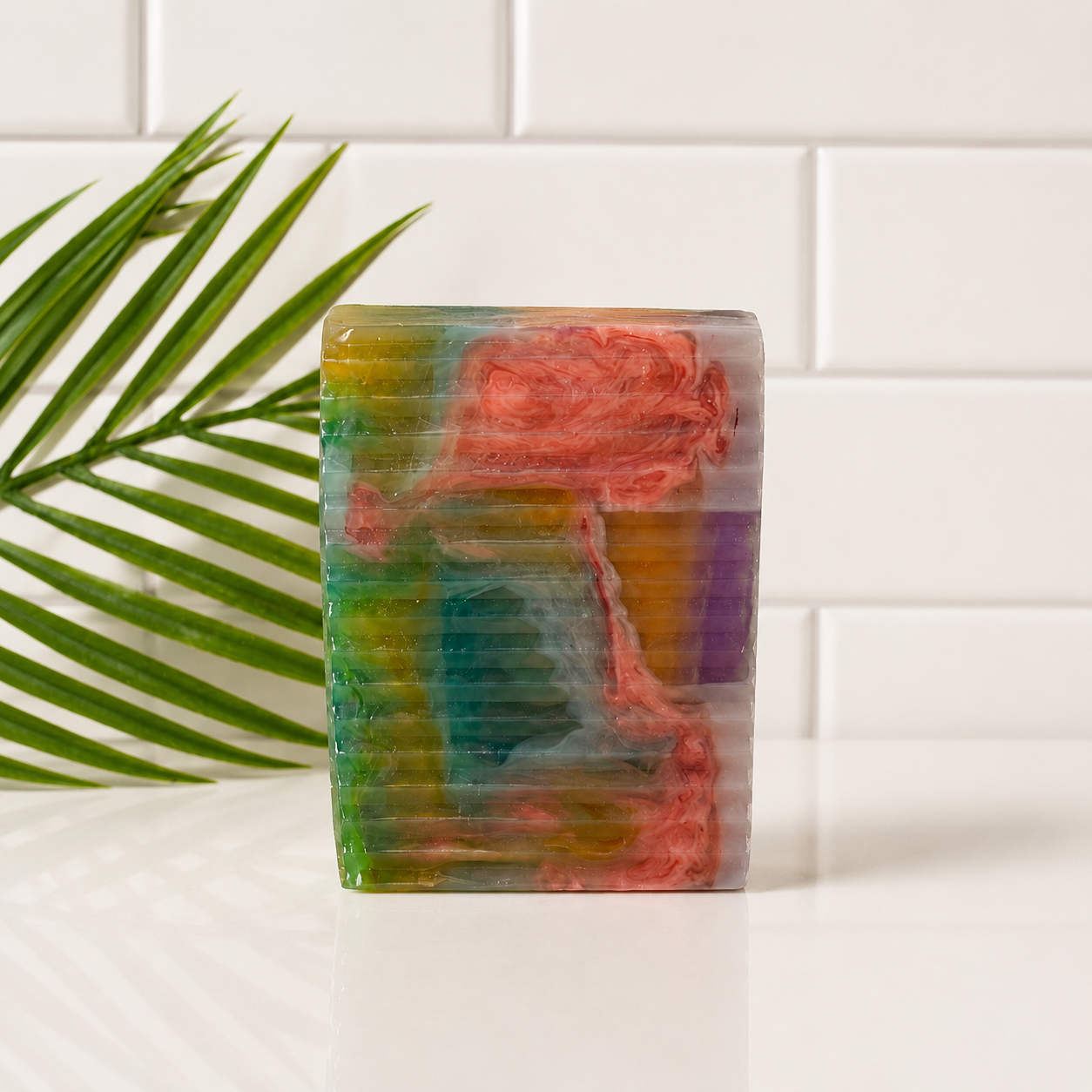 A rectangular bar of handmade soap with a colorful marbled pattern of green, yellow, orange, pink, and purple, standing on a white surface in front of a white subway tile wall with a green palm leaf on the left.