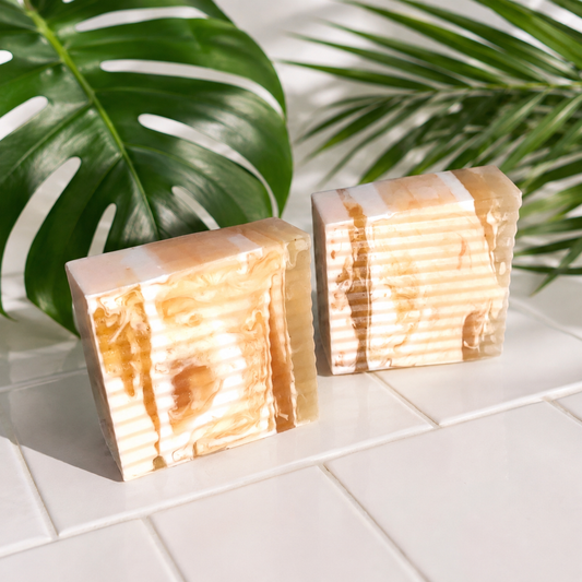 Two rectangular handmade soaps with a marbled beige, cream, and light brown pattern, styled on a white tiled surface with tropical green leaves in the background.