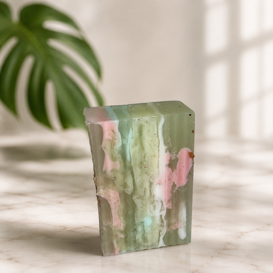 A rectangular bar of handmade soap with marbled green, pink, and white patterns, standing on a light marble surface with a blurred green monstera leaf in the background.