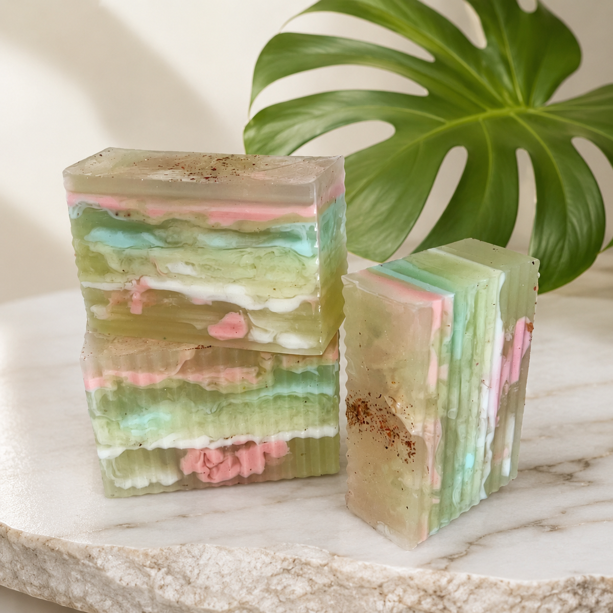 Three layered translucent bars of soap with pink, mint green, and white marbling, displayed on a marble slab with a green monstera leaf in the background.