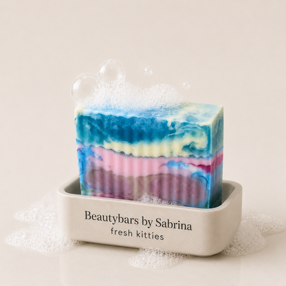 Colorful soap bar with layers in blue, pink, and white on a white dish labeled 'Beautybars by Sabrina fresh kitties' against a beige background.