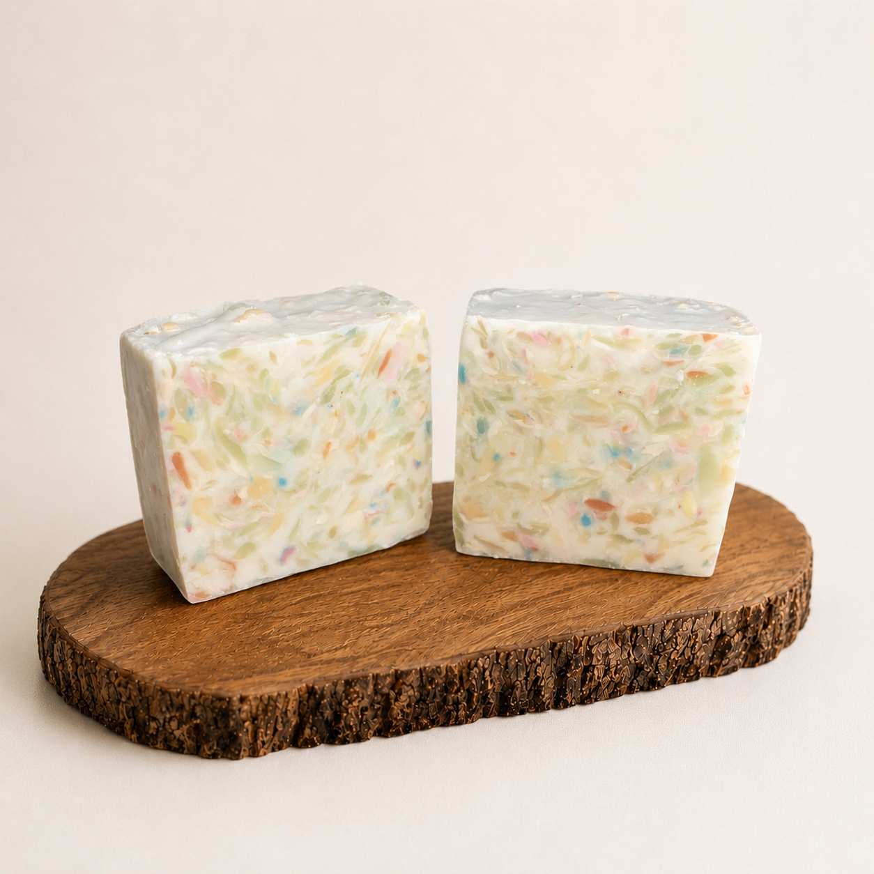 Two colorful soap bars on a wooden stand with a plain background