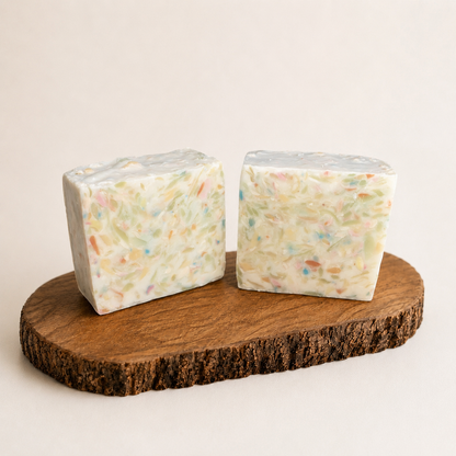 Two colorful soap bars on a wooden stand with a plain background