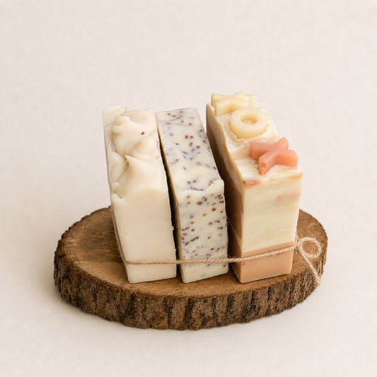 Three bars of soap on a wooden stand with a light background