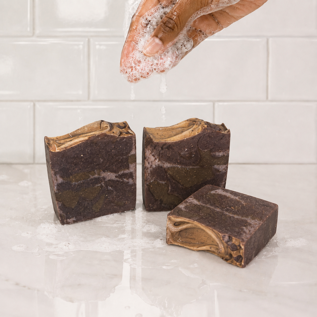 Three soap bars on a white surface with a hand holding a bar of soap above them against a tiled wall background.