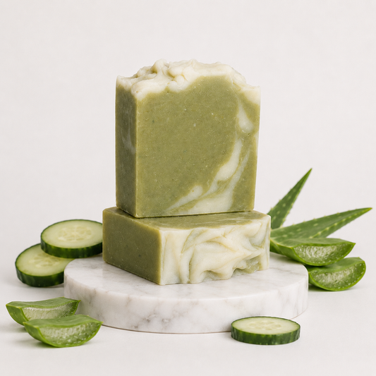Green and white soap bars on a marble stand with cucumber slices and aloe vera leaves on a light background
