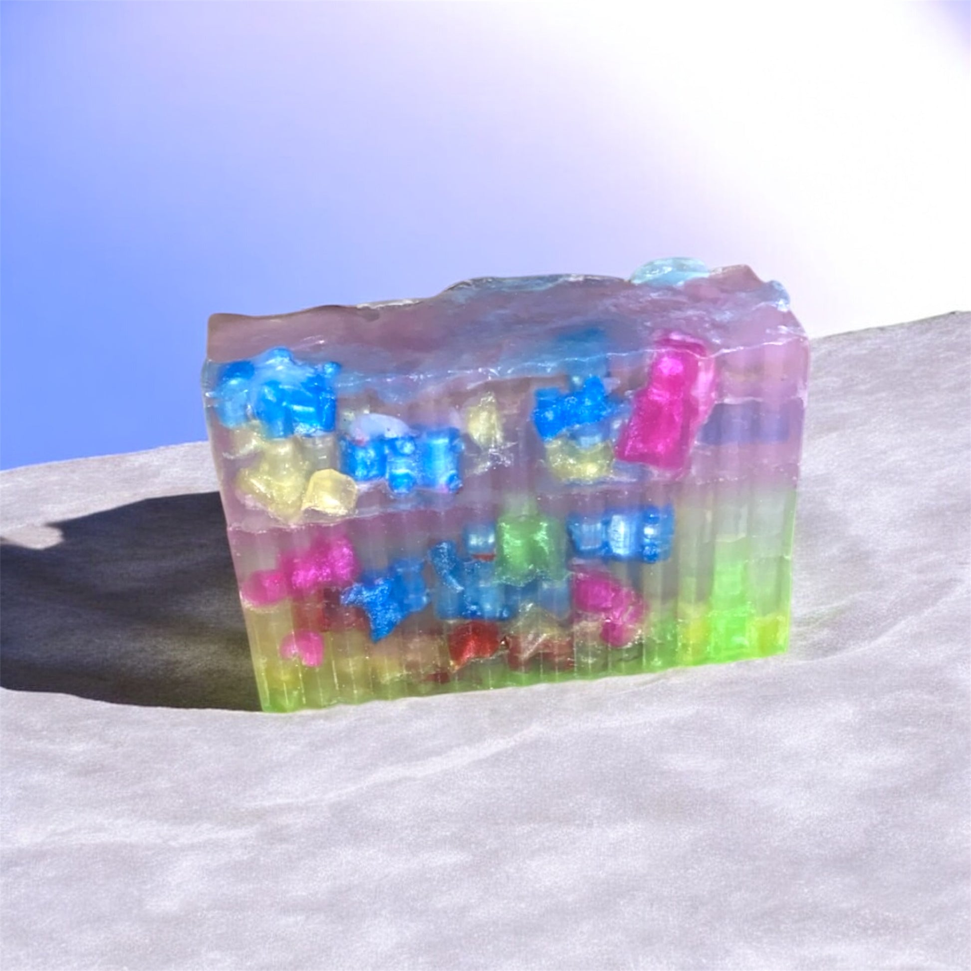 Soap bar with embeds in it with shaded background 