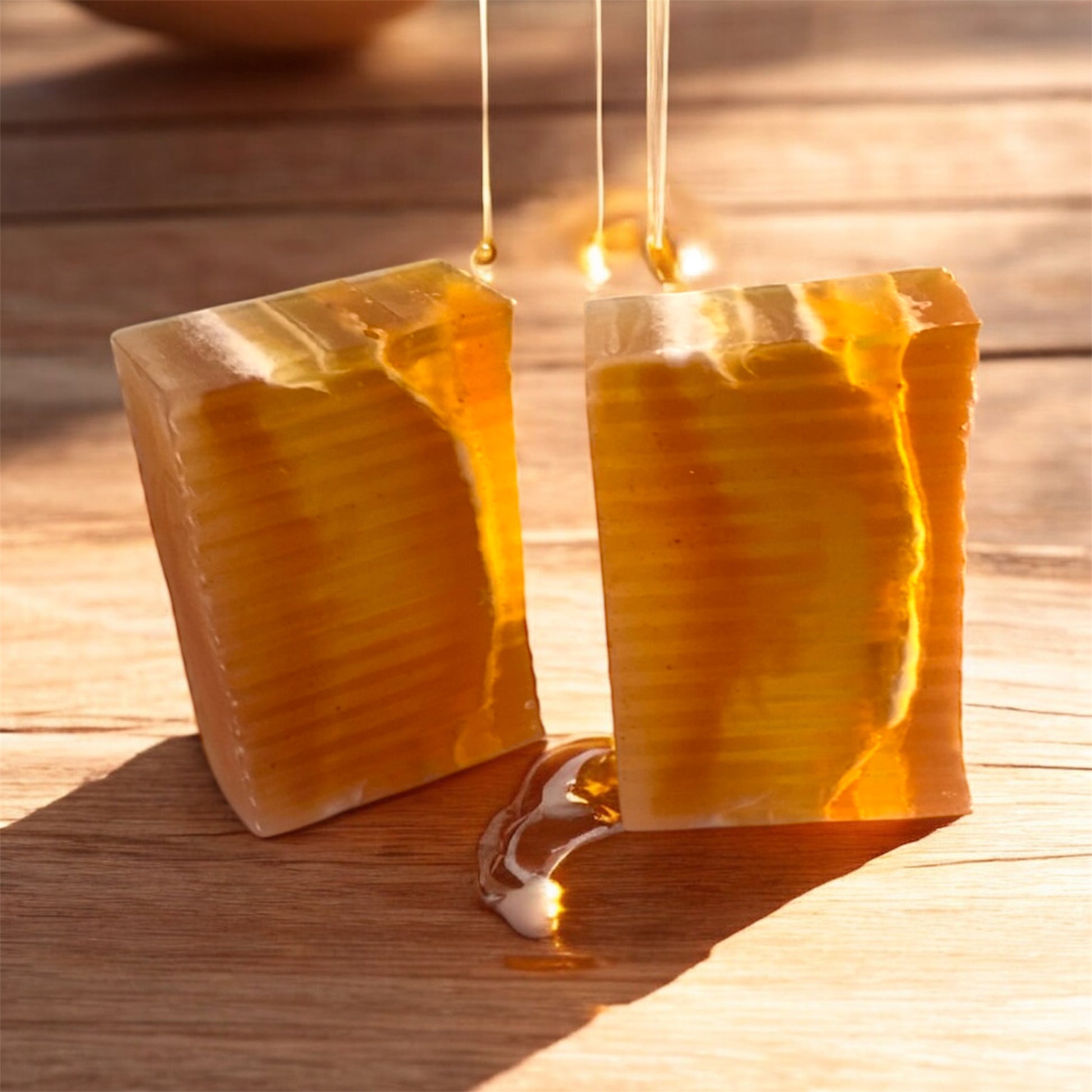 Transparent soap bars of 2 with a honey-like interior on a wooden surface