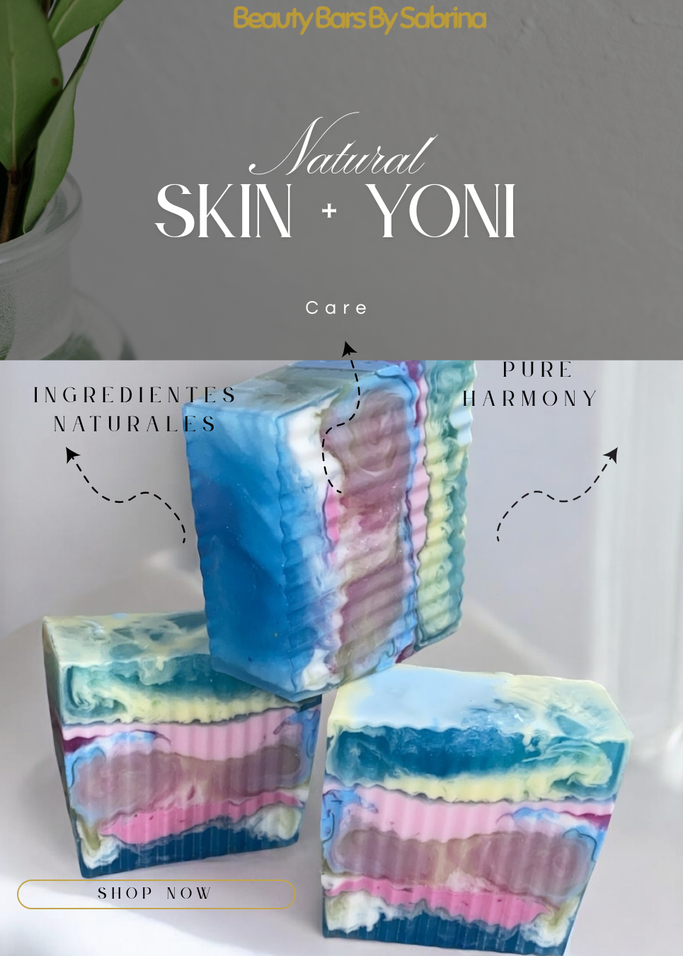 Colorful soap bars with branding text on a neutral background