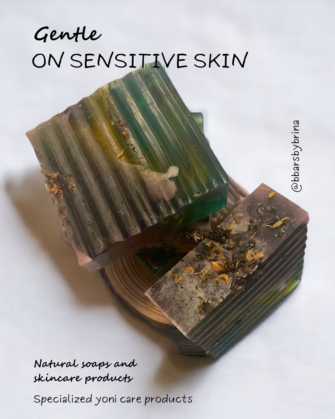 Natural soap bars with visible ingredients on a white background, labeled 'Gentle on Sensitive Skin'.