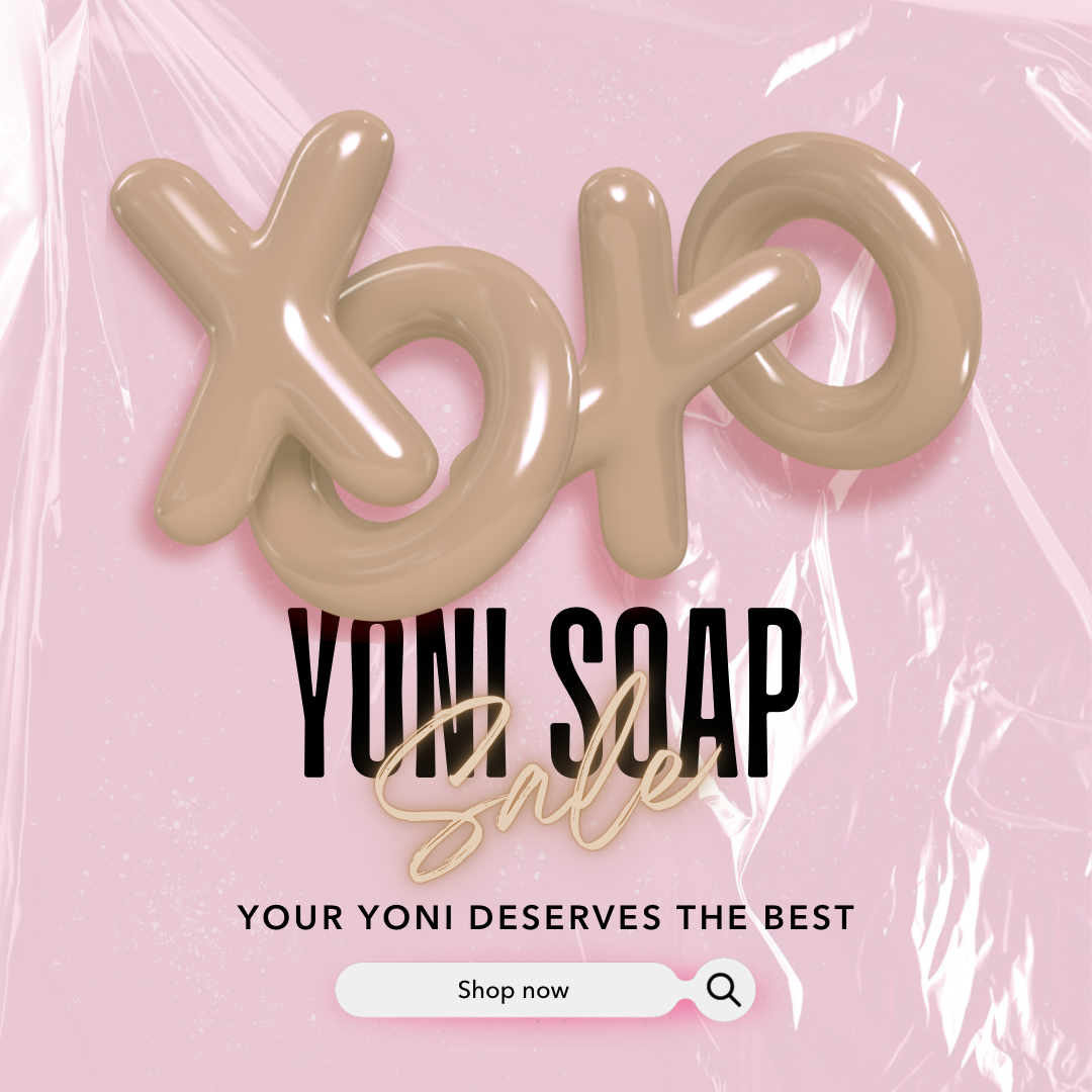 Advertisement for Yoni Soap with 'xoxo' text on a pink background